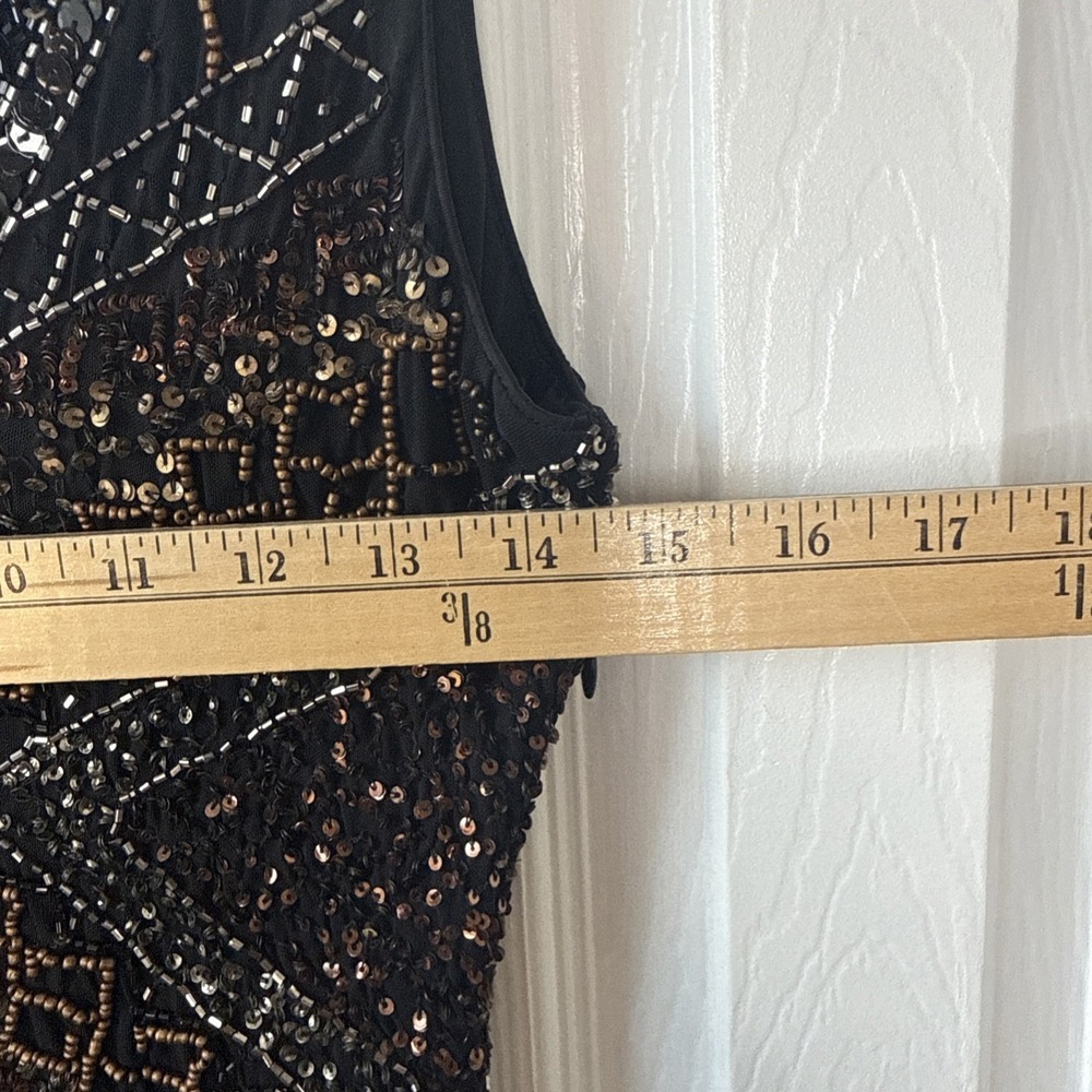 Hale Bob Beaded Sequin Dress Black Geometric Art Deco V-Neck Cocktail Medium M - Picture 14 of 15